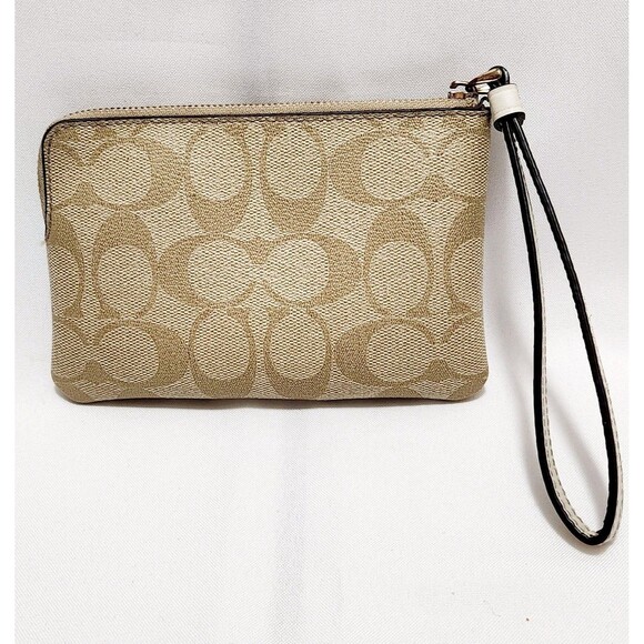 Coach Corner Zip Signature Women's Wallet Khaki Brown Tan Stripe - Picture 3 of 9